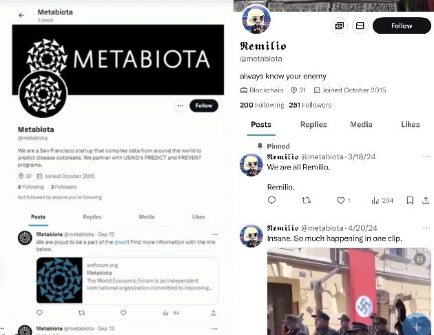 1) CHECK THIS OUT! The account @metabiota used to belong to the Hunter Biden-owned biolab company, Metabiota. As of 03/17/2024, the account deleted all their prior tweets, and has been taken over by a pro-Nazi crypto account… And Metabiota completely rebranded 🤔 THREAD! 🧵