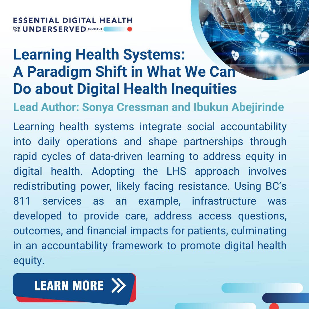 Explore the future of digital health equity with our latest paper: "Learning Health Systems: A Paradigm Shift in What We Can Do", led by Sonya Cressman and Ibukun Abejirinde. 
Join the conversations: tecconference.health/edh4u-papers

#DigEM #Digital #HealthEquity #LearningHealthSystems