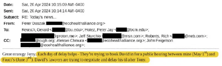 On April 20, 2024, EcoHealth Alliance president Peter Daszak emailed anti-science, anti-public-interest activists Gerald Keusch and Peter Hotez to discuss a 'strategy' to obstruct Congressional investigation of malfeasance by NIH officials David Morens and Anthony Fauci.
