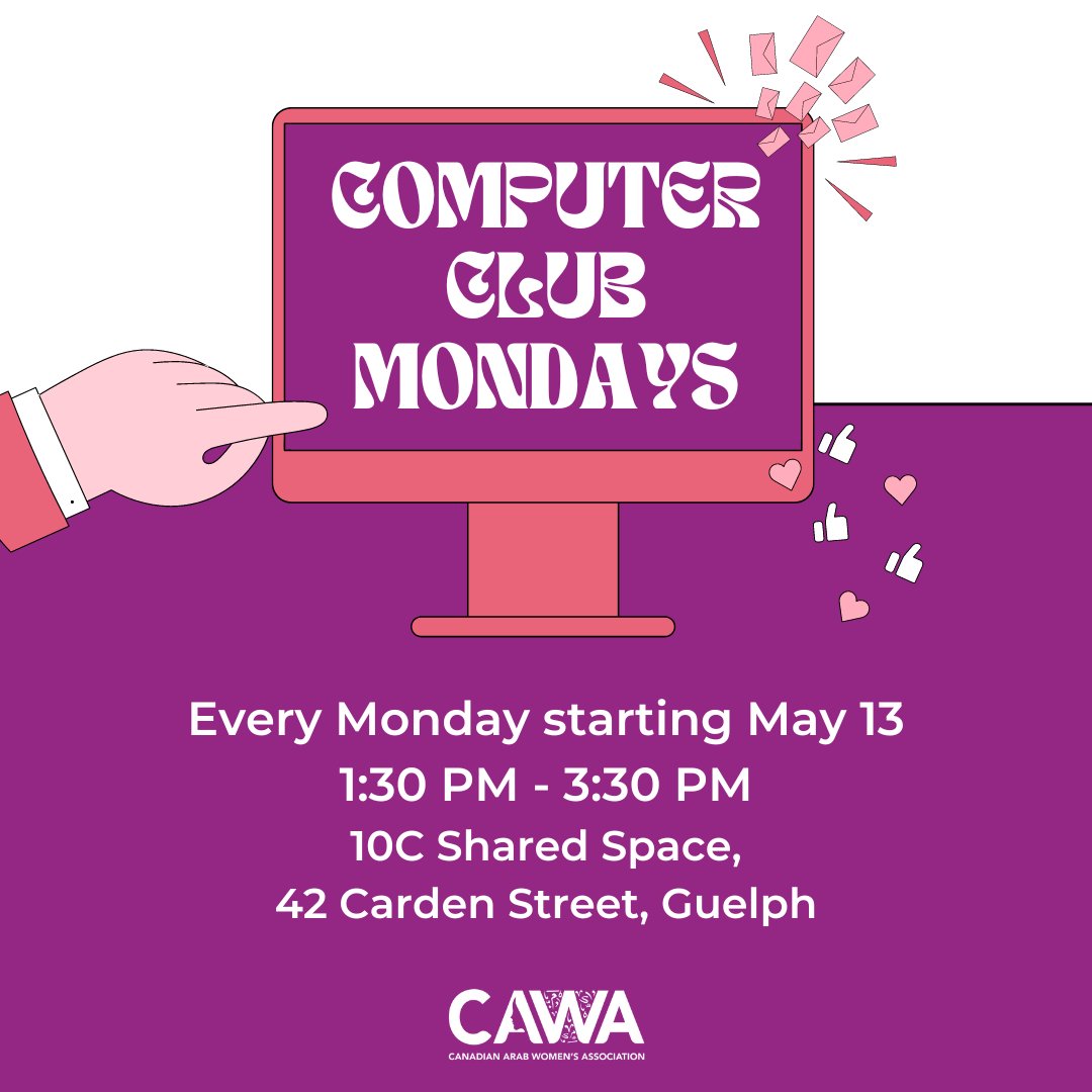 Unlock the world of tech with Computer Club Mondays! Join us every Monday starting May 13th from 1:30 PM to 3:30 PM at 10C Shared Space, 42 Carden Street, Guelph. Don't miss out on this opportunity! Limited seats available. #CAWA #Guelph #ComputerClub