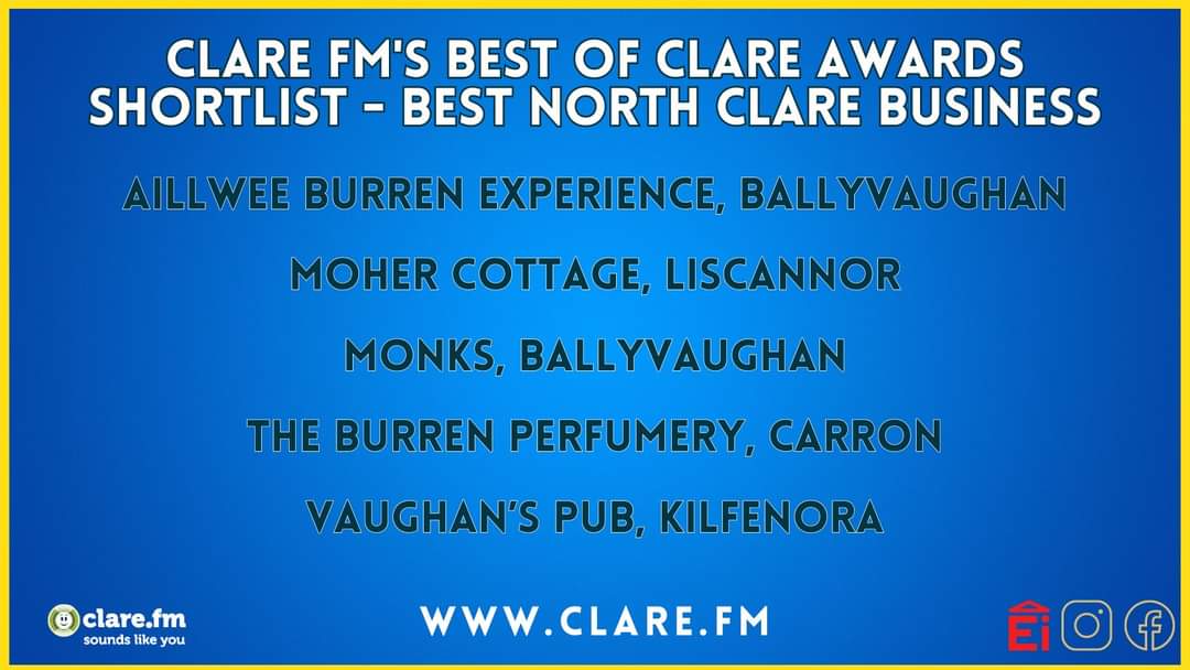 We've been nominated in @ClareFM 's #bestofclare awards. We'd love your vote. It's a tough one as we LOVE all the businesses in the #NorthClare category 🤣🤣 Click the link to vote, thanks so much 🙏 clare.fm/best-clare-awa…