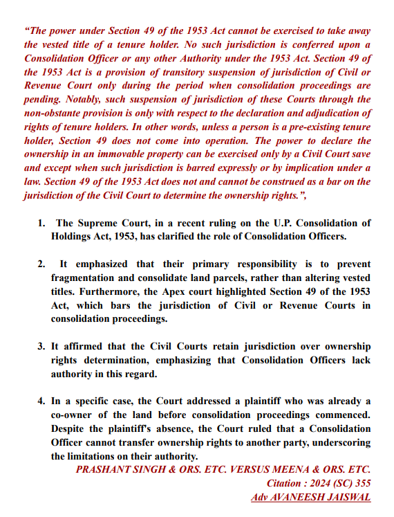 Adv_Avaneeshjai's tweet photo. The primary responsibility of consolidation officer is to prevent fragmentation and consolidate land parcels, rather than altering vested titles.

#Delhihighcourt #Supremecourt #law #legal #UttarPradesh https://t.co/RKOov7WkVb