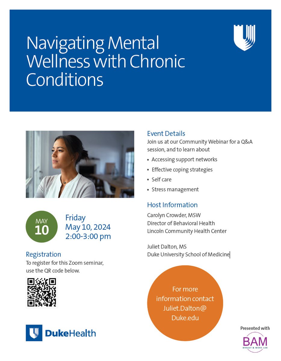 Join @LCHC_Durham & @DukeSurgery Fri, 5/10, 2-3pm for a webinar on navigating mental wellness w/chronic conditions. Learn about accessing support networks, effective coping strategies, self care & stress management! Register: ow.ly/xCIb50RzKQz @DukeHealth @DukeMedSchool