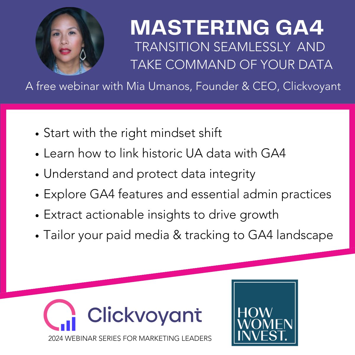 Join Clickvoyant Founder & CEO Mia Umanos on Monday, May 20, for an informative and actionable session covering Google Analytics 4 for Marketing Leaders: howwomenlead.com/events-1/maste… 

#googleanalytics #marketing #womeninmarketing #marketingexperts #executivewomen