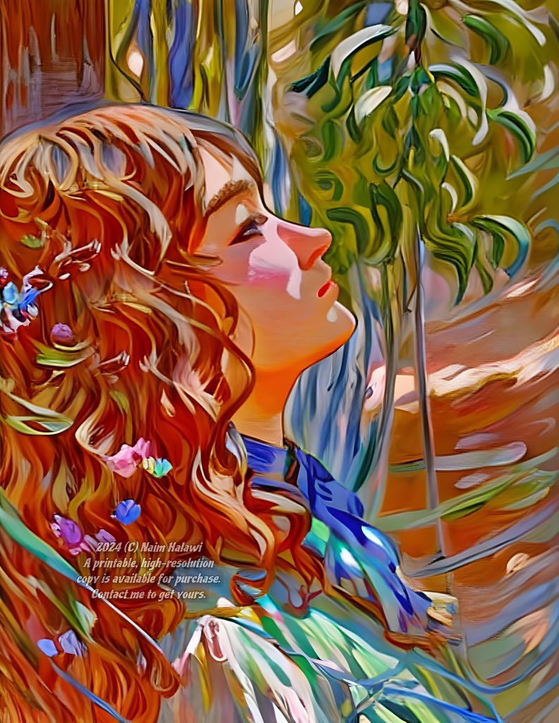 لوحة فنية رقمية من أعمال ن.ح. بعنوان: 'الفتاة ذاتُ الشَعرِ الاحمر' 🌺