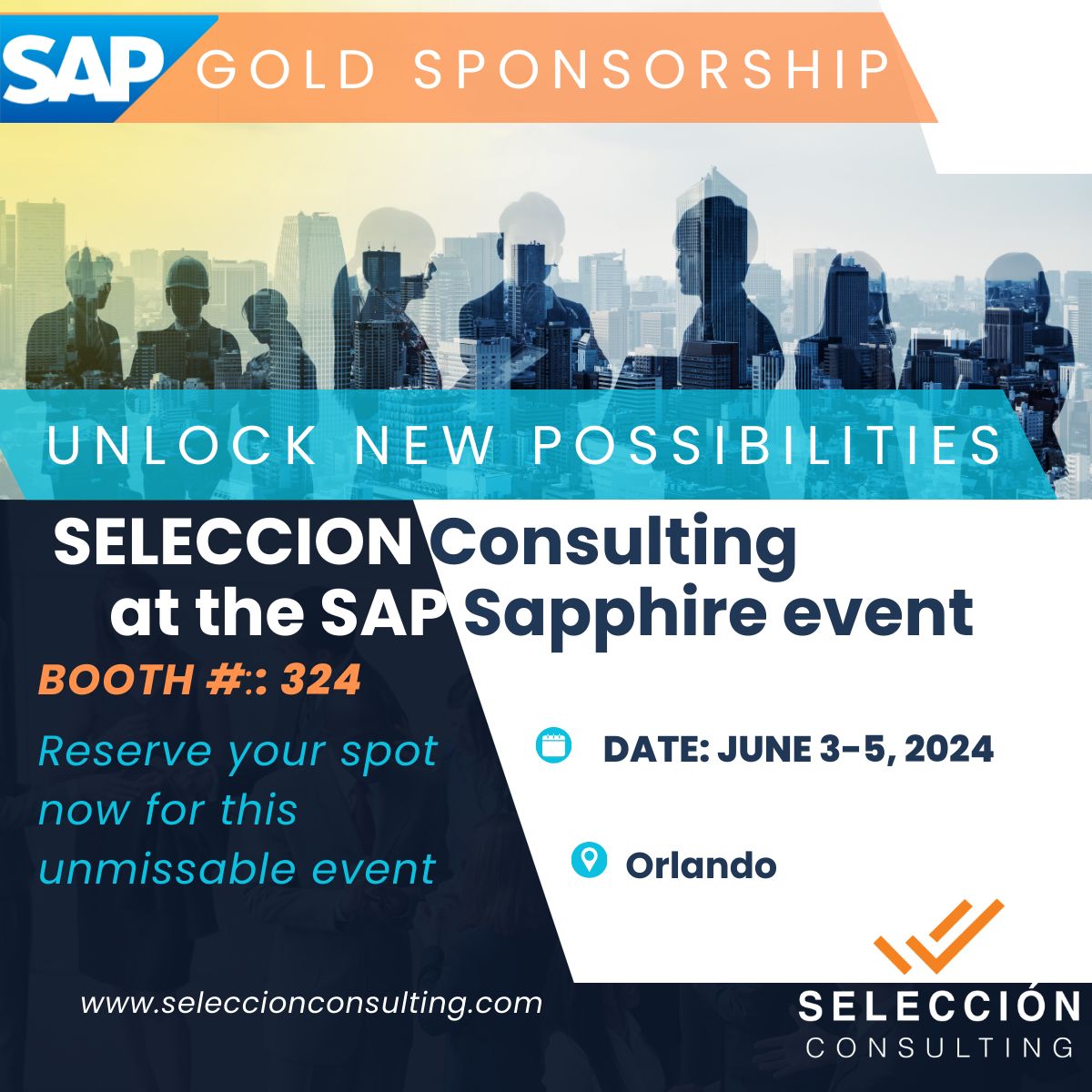 #SELECCIONConsulting is a #Goldsponsor at the #SAPSapphire event, showcasing our commitment to digital transformation and innovation. Connect with us to learn how we can help you optimize your #SAPenvironment and drive your #business goals forward. 
Reserve your spot today!