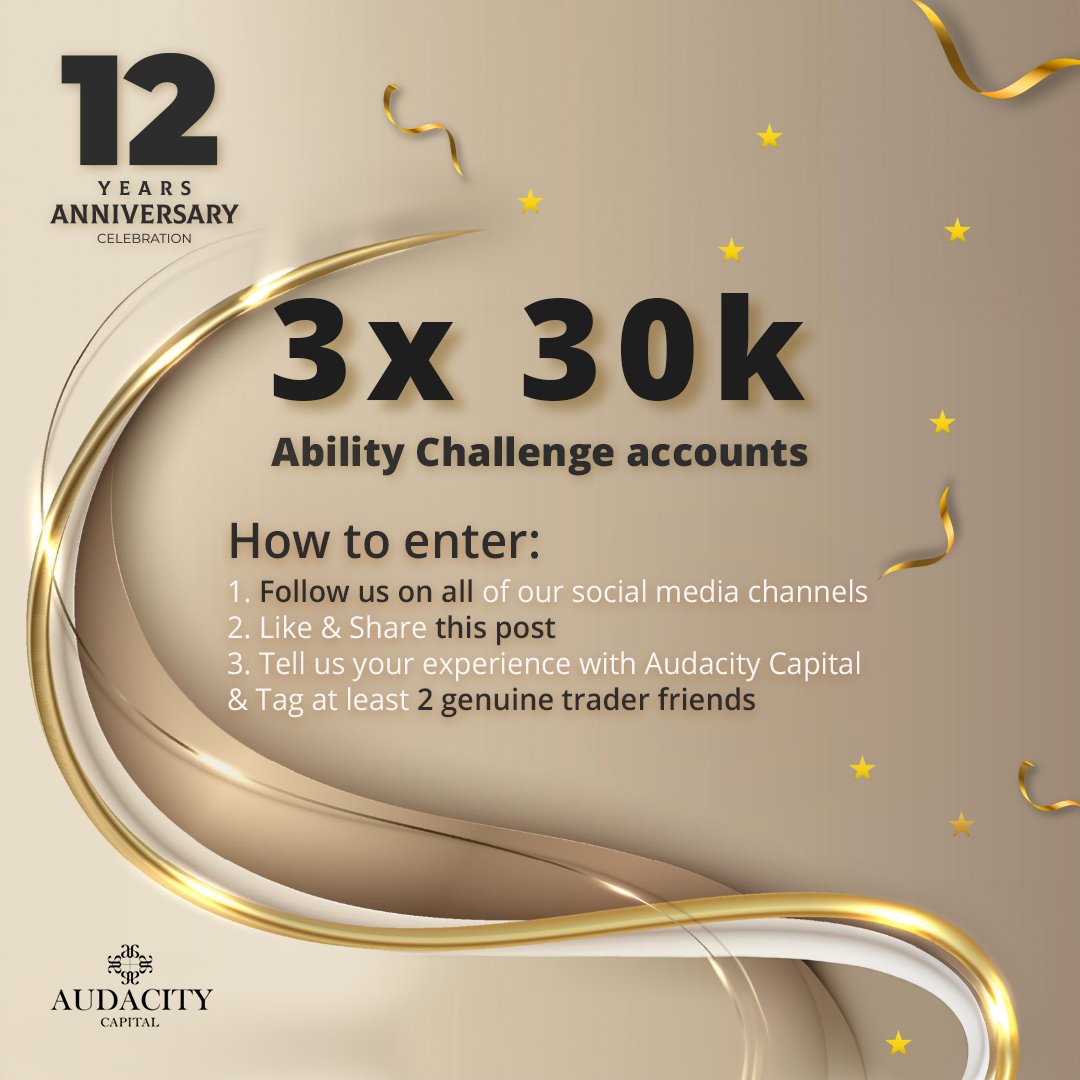 Join our 12th Anniversary Celebration Giveaway!

Win ONE Ability Challenge Account worth 30K!

Follow, like, share, and share your Audacity Capital experience.

Don't miss out! 

audacity.capital
#audacitycapital