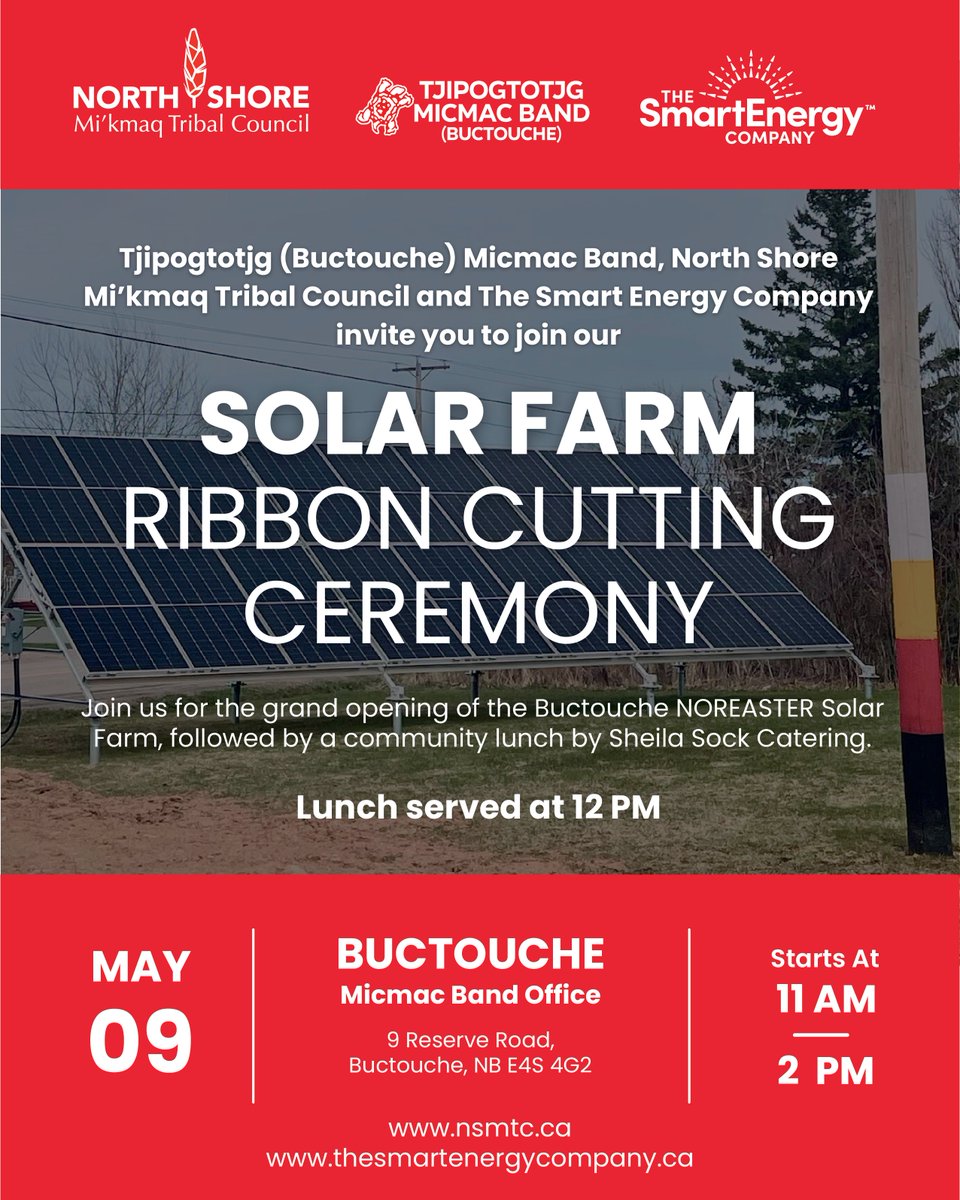 Happening today at 11am at the Buctouche Micmac Band Office! Join us for the grand opening of the Buctouche NOREASTER Solar Farm. Don’t miss out on the celebration and a delicious community lunch by Sheila Sock Catering served at 12pm. See you there!