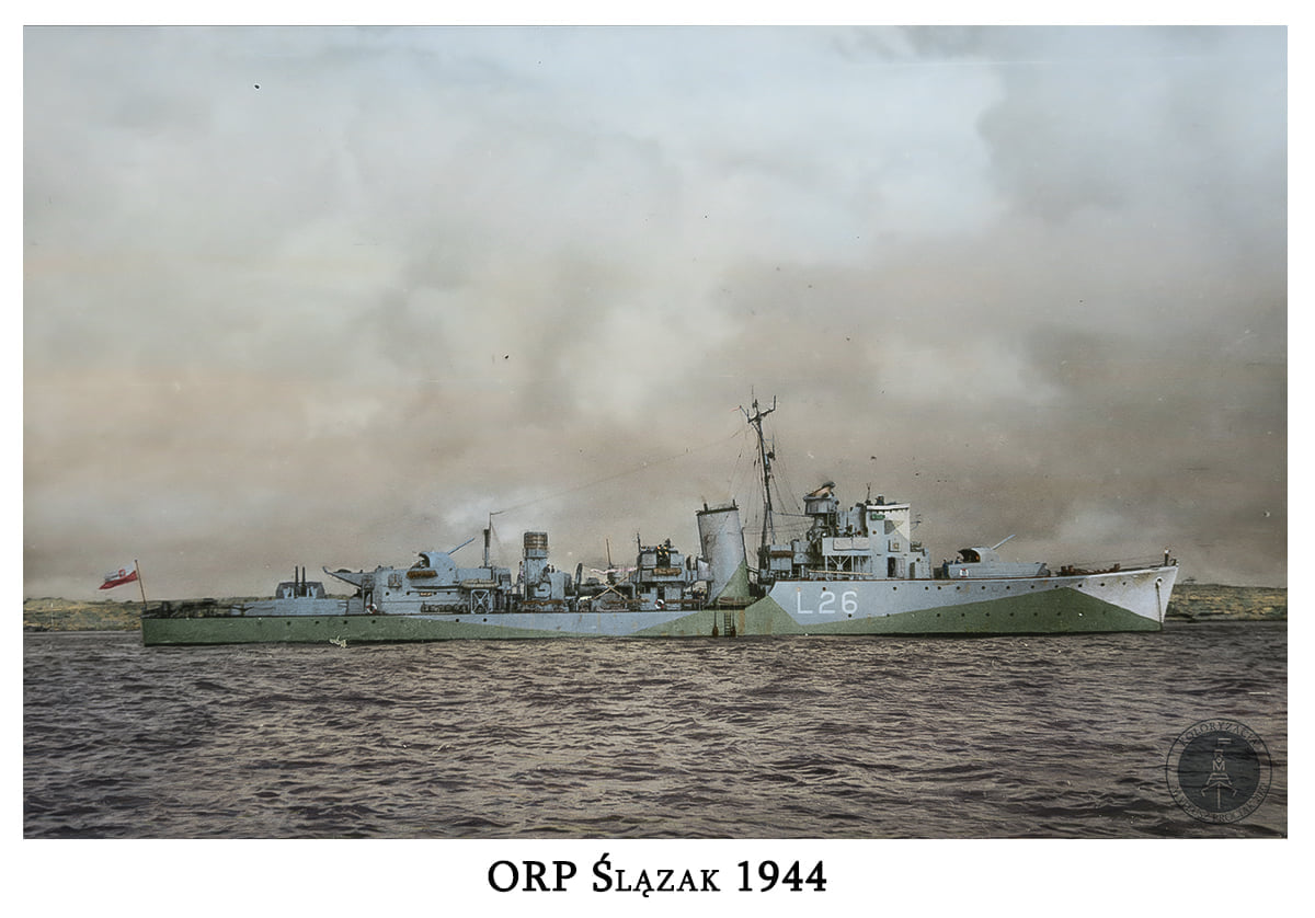 The Polish Navy destroyer ORP Ślązak stationary, July 1944.

ORP Ślązak - ex-HMS 'Bedale', was a ship of the Polish Navy during WWII. She was an Escort Destroyer type Hunt II , with the Polish Navy since April 30, 1942, with ID-no. L26.

The ship took part in the Dieppe raid ,…