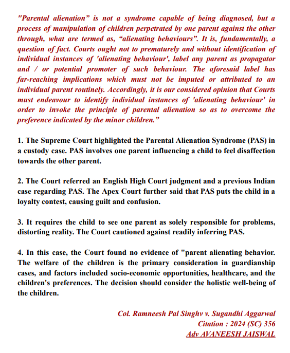 Adv_Avaneeshjai's tweet photo. The #SupremeCourt highlighted the #ParentalAlienationSyndrome (PAS) ina custody case. PAS involves one parent influencing a child to feel disaffectiontowards the other parent.

#Delhihighcourt #legal #law https://t.co/roQNgRT9ho