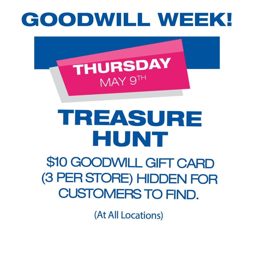 goodwillakron's tweet photo. In Celebration of Goodwill Week, today (May 9) is a treasure hunt for your chance to win a $10 Goodwill Gift card. 🎉
Three cards are hidden within each of our locations in Summit, Portage, Medina, Ashland & Richland counties. Find a card & you’re a winner! 🥳🥳🛒
#GoodwillWeek https://t.co/SEXxM7Vm0A