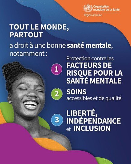 Tout le monde a le droit de recevoir les soins de santé mentale de qualité dont il a besoin, sans être confronté à la stigmatisation ou à la discrimination.
 
Revendiquez votre droit à la santé ! 
 
#MaSantéMonDroit
#JournéeMondialeDeLaSanté