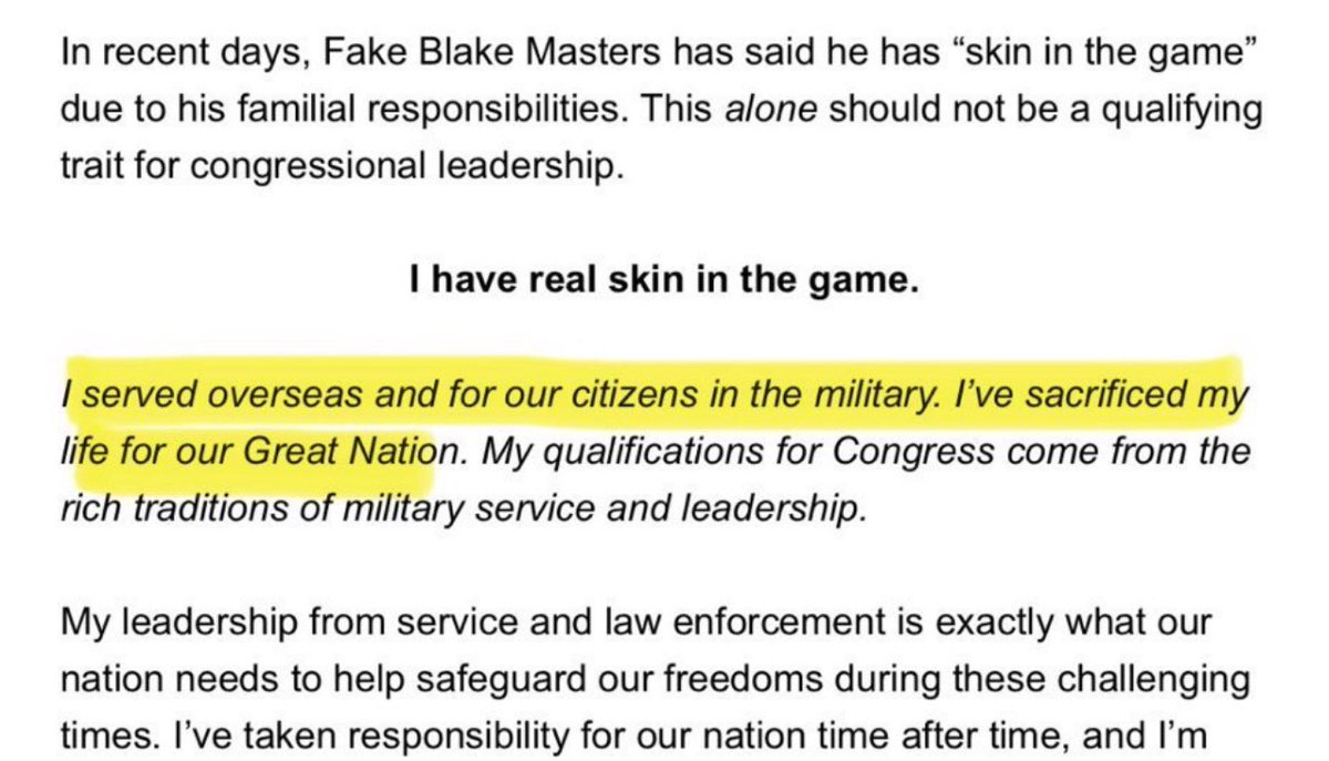 This is from a fundraising email that @AbrahamHamadeh sent out today. We get that Abe is feeling defensive about Blake calling him out for not having skin in the game. But isn’t trying to raise $5 or $10 by claiming he “sacrificed his life” a little much? Last time we checked,