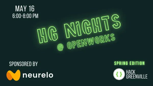 HackGreenville Nights is next week at OpenWorks.

This event has social time throughout, 4 optional talks, and a breakout conversation with the newly formed UpWiSE women's group.

Last quarter we had 75 attendees &amp; great food by HG volunteers.

RSVP at
meetup.com/hack-greenvill…
