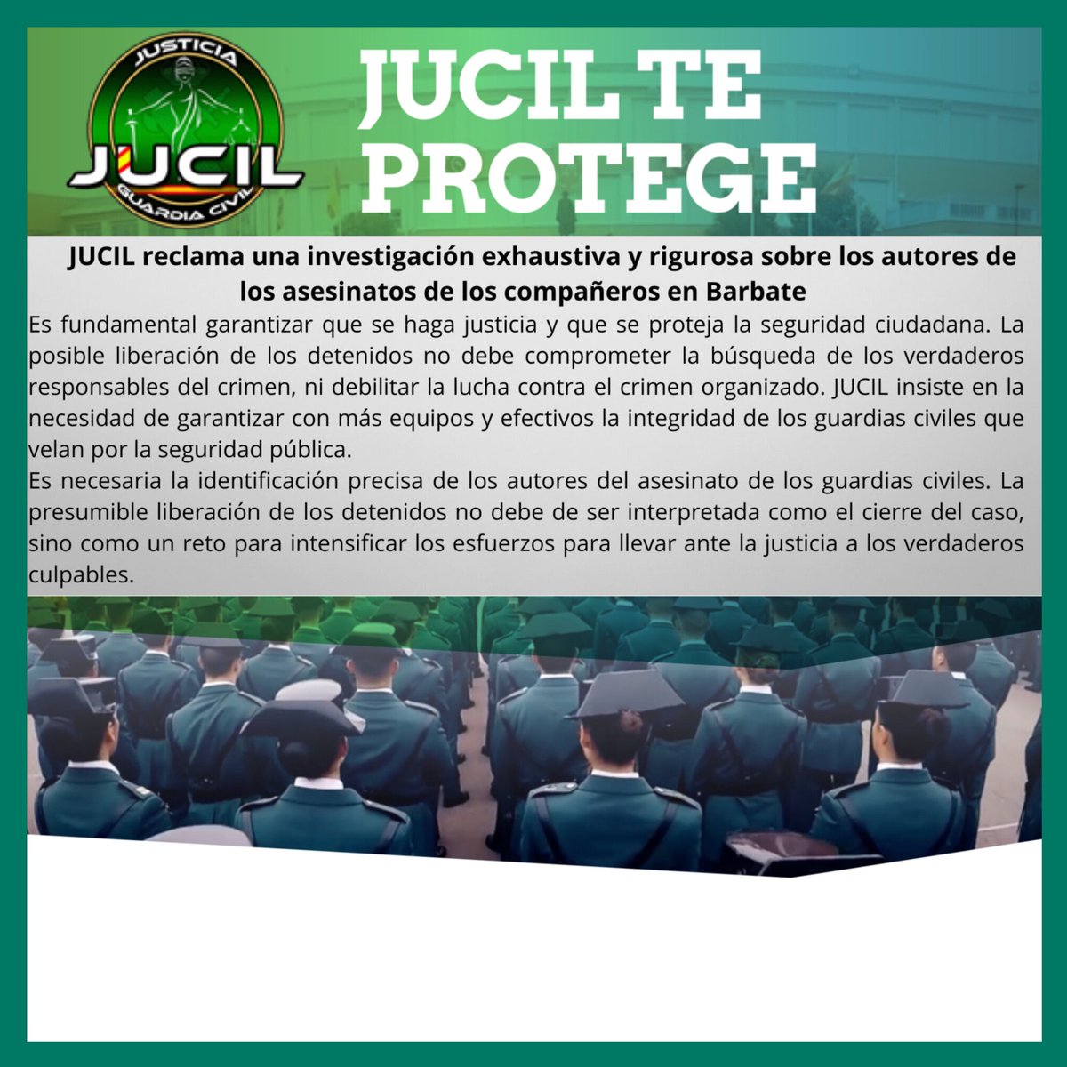 🔴| #JUCIL exige y reclama una investigación para esclarecer quienes fueron los autores de los asesinatos de los guardias civiles en Barbate y sobre las órdenes dadas que provocaron esta trágica intervención.

#JucilTeProtege #JucilTeDefiende
#JucilATuLado