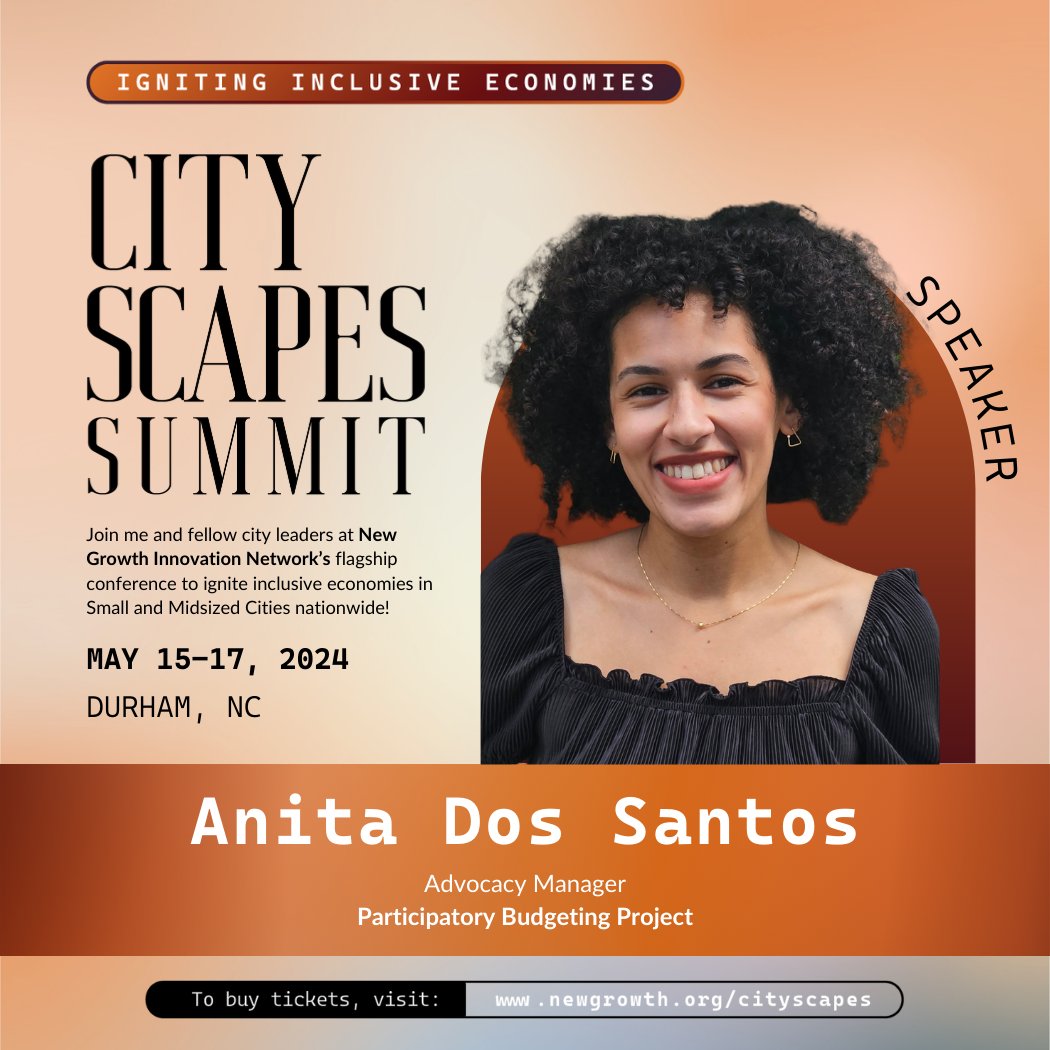 Next week! Join us at @NGINetwork's Cityscapes Summit, happening May 15th-17th, 2024, in Durham, NC.

Our Advocacy Manager Anita Dos Santos will be speaking on the art of #participatorybudgeting on 5/17. 

#inclusion #economicdevelopment

For Tickets: newgrowth.org/cityscapes