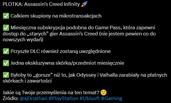 💦NOWE PRZECIEKI dotyczące 
Assassin's Creed 🌐INIFNITY HUB: 

#AssassinsCreedCodenameRed #acinfinity #leaks #assassinscreedred #codenamered
