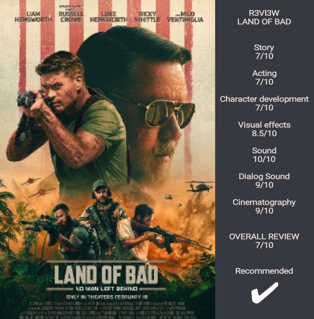 LAND OF BAD
Release-2024

#liamhemsworth #russelcrowe #rickywhittle #miloventimiglia #lukehemsworth #review #movies #film #actors #moviereviews #filmreviews #films #filmreview #moviereview #moviecritic #screenreviews #netflix #primevideo #r3vi3wz #landofbad #rurobotstudios