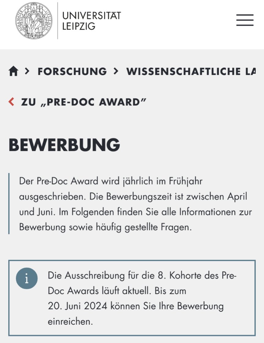 Pre-Doc-Award der Uni Leipzig, für junge Postdocs und potentielle Promovierende Deadline 20. Juni Mehr: uni-leipzig.de/forschung/wiss…