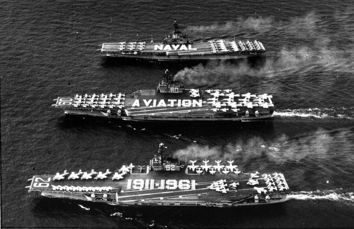 #OTD in 1911, Naval Aviation began when Capt. Washington Chambers ordered a Curtiss A-1 Triad amphibious plane. USS Independence (CVA-62), USS Saratoga (CVA-60) and USS Intrepid (CVA-11) marked the 50th anniversary in 1961. #FlyNavy