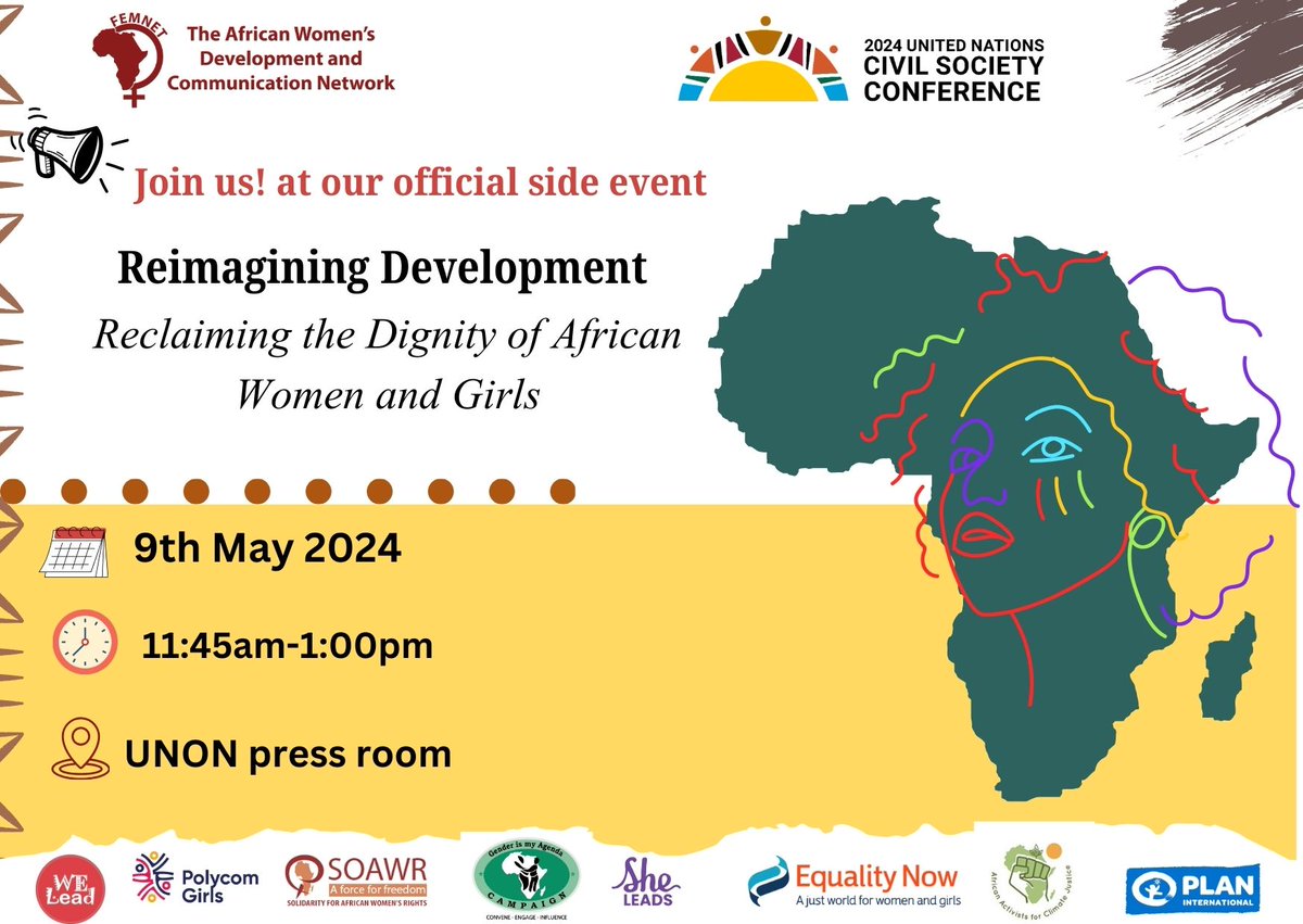 Mark your calendars! 🗓️ Join us tomorrow at the #2024UNCSC side event hosted by @FemnetProg, where we delve into the crucial topic of 'Reimagining Development - Reclaiming the Dignity of African Women & Girls.'