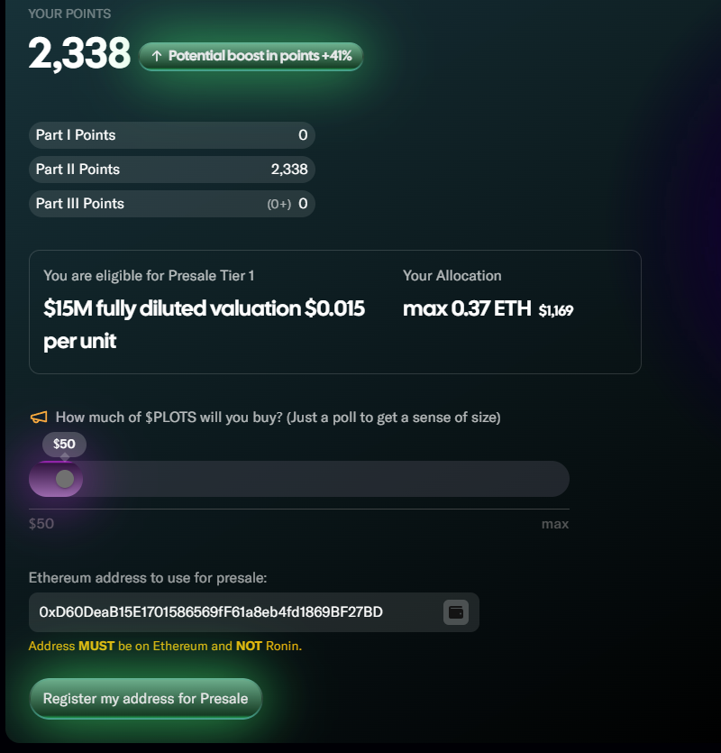 Register using my referral code 23RC to receive 2,500 points.
I just registered for the $PLOTS presale! 

Thank you <a href="/plotsfinance/">Plots.Finance 🎮</a> for allowing me to purchase tokens at the discounted valuation of only $0.015 per token, a special offer for anyone who participated in the airdrop.