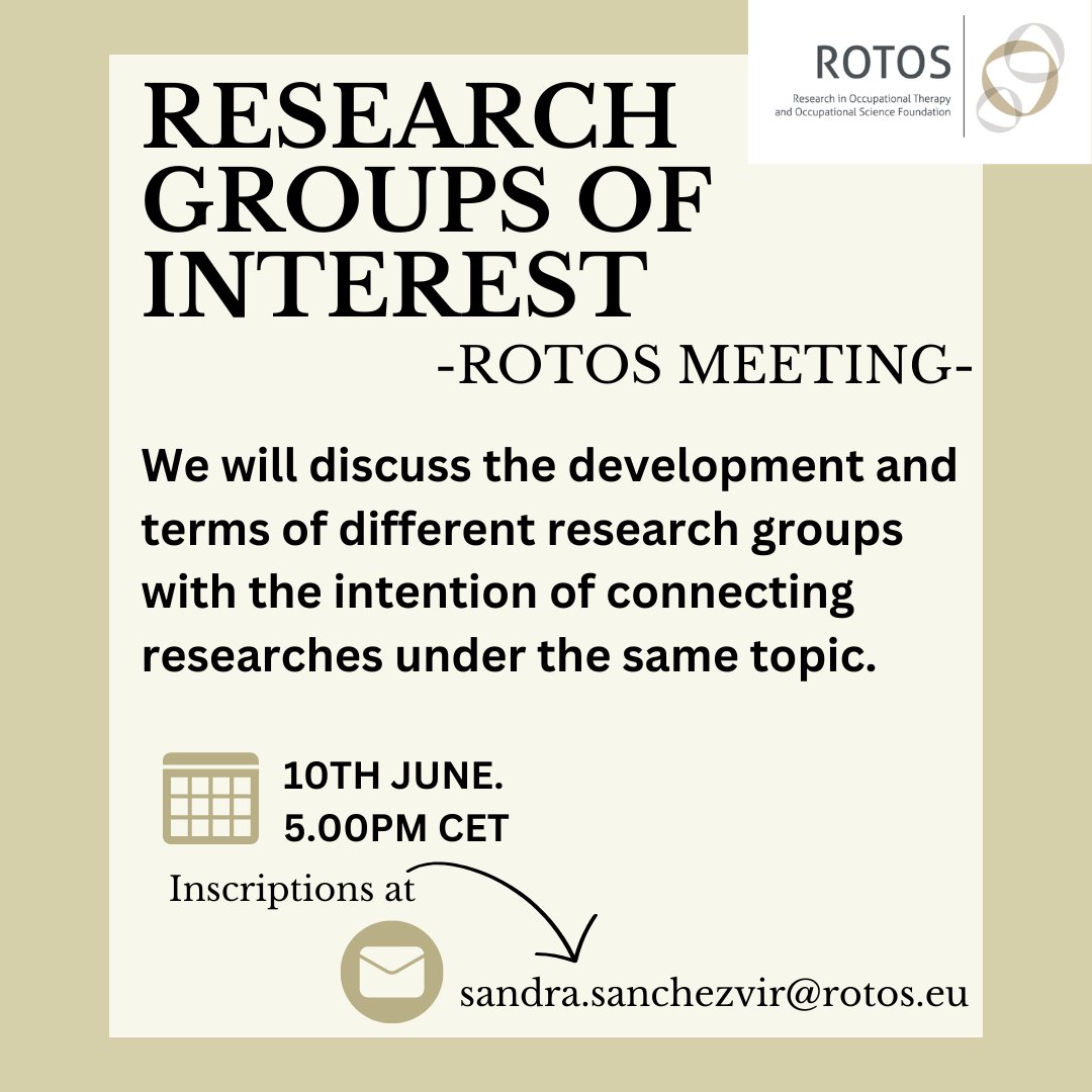 RESEARCH INTERESTS GROUPS !!!!

Get to know about them, get involved in the developement and lead one of them!! All information on 10th June at 17:00CET

Send an email to get the link.
#occupationaltherapy #occupationaltherapist #research #occupationalscience