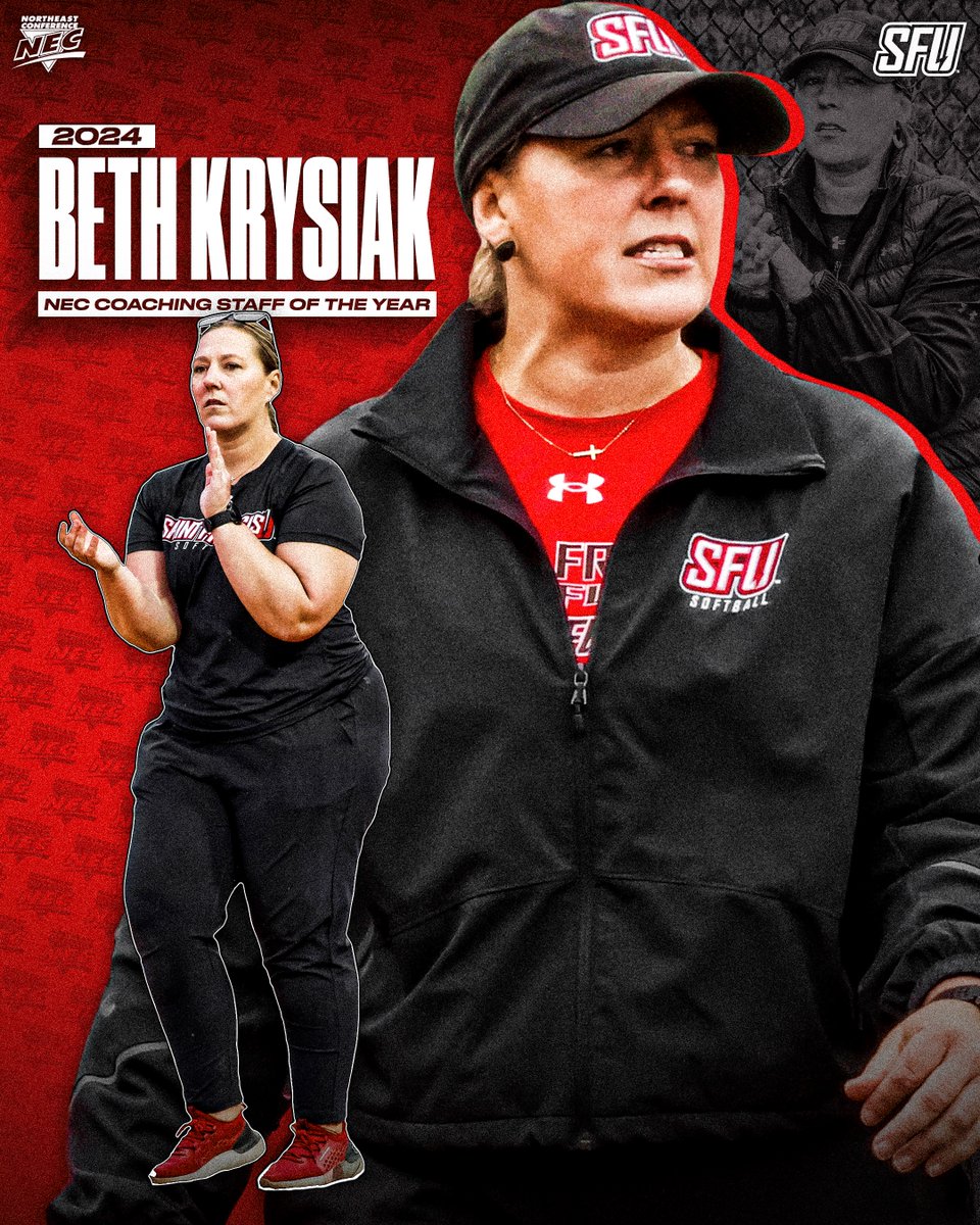 2️⃣0️⃣2️⃣4️⃣ @NECsoftball Coaching of the Year ⤵️

➡️ Beth Krysiak & Staff, @SFUathletics

📒 The 🔴⚡️ did not skip a beat in Krysiak's debut season. She guided SFU to the third undefeated league slate in #NECsoftball annals & the program's fourth consecutive NEC 👑.

#NECelite #COTY