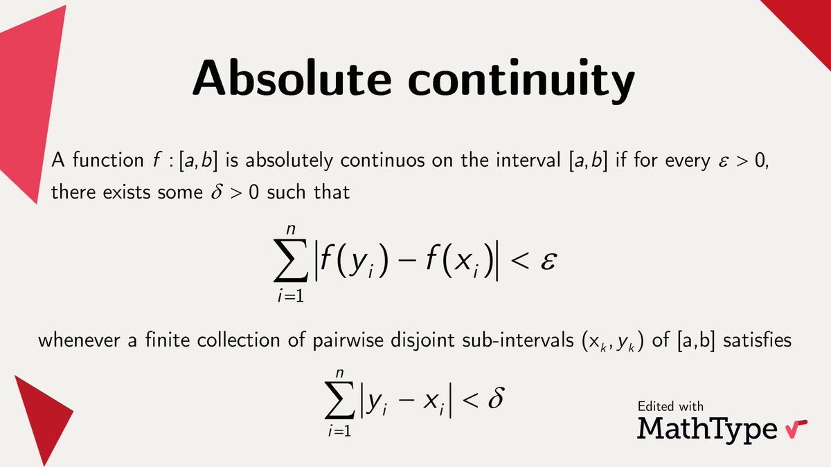 Absolute continuity has important implications in calculus and analysis, particularly in the exploration of integration and differentiation. Functions that possess absolute continuity exhibit a range of desirable properties. which ones you know? #MathType #math #mathfacts