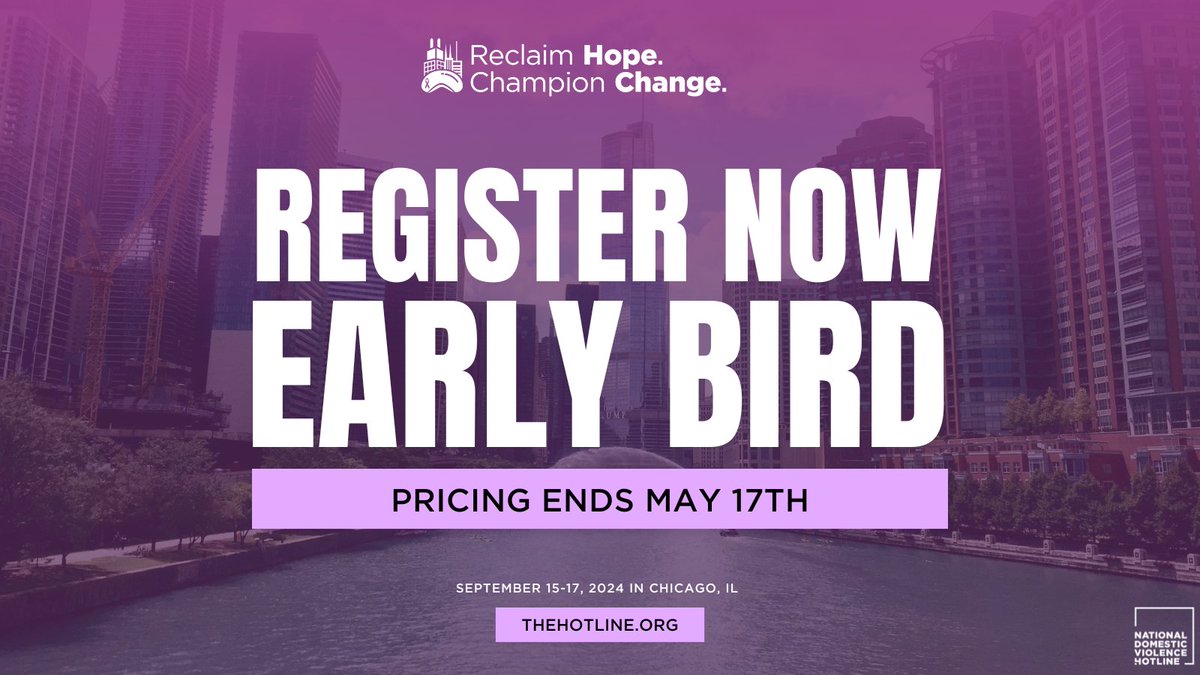 The wait is overrrrr! 👏 Early Bird Registration for the 2024 National Conference on Domestic Violence in Chicago, IL is OPEN! Reserve your spot before rates increase on Fri, May 17th. Register today: bit.ly/43m8OFU #DVConference24 #ReclaimHope #ChampionChange