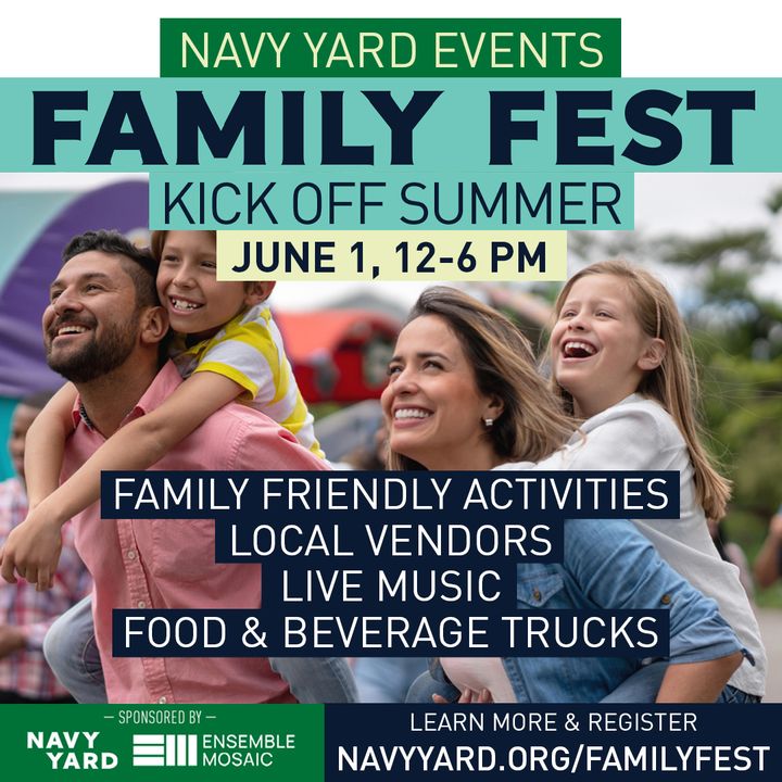 Kick off summer right with your friends and family at the Navy Yard on June 1 where we will have fun and games for the whole family, food and beverage vendors, local craft makers, live music, free giveaways, and more! navyyard.org/events/navy-ya…. #discovertheyard #navyyardfamilyfest