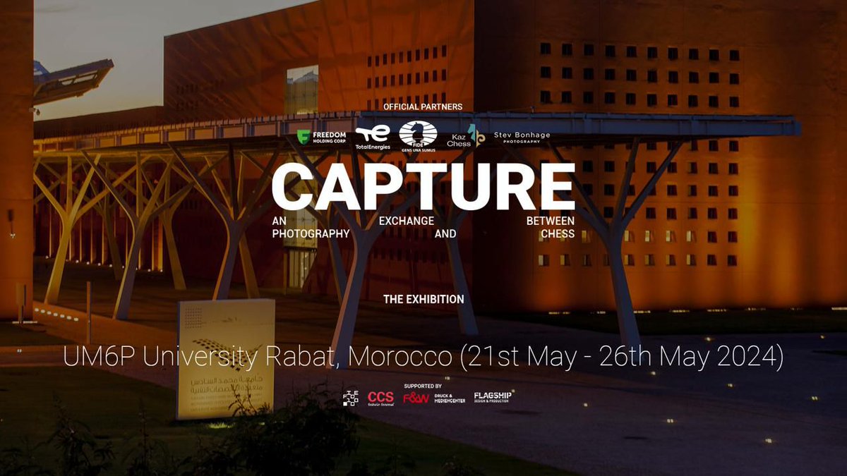 International Chess Federation (@fide_chess) on Twitter photo We are happy to announce that the <a href="/UM6P_officiel/">UM6P - University Mohammed VI Polytechnic</a> University of Rabat, one of the most prestigious universities in Morocco, will be hosting the 'Capture' exhibition from May 21-26.
This will be the second stop for 'Capture' in Morocco; the exhibition will be hosted in Casablanca We are happy to announce that the <a href="/UM6P_officiel/">UM6P - University Mohammed VI Polytechnic</a> University of Rabat, one of the most prestigious universities in Morocco, will be hosting the 'Capture' exhibition from May 21-26.
This will be the second stop for 'Capture' in Morocco; the exhibition will be hosted in Casablanca
