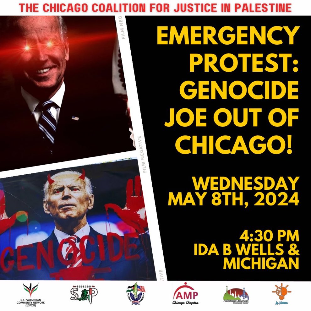 #مجرم_الحرب_بايدن سيكون اليوم في مدينة شيكاغو والمظاهرات ستستقبله 👇🏼