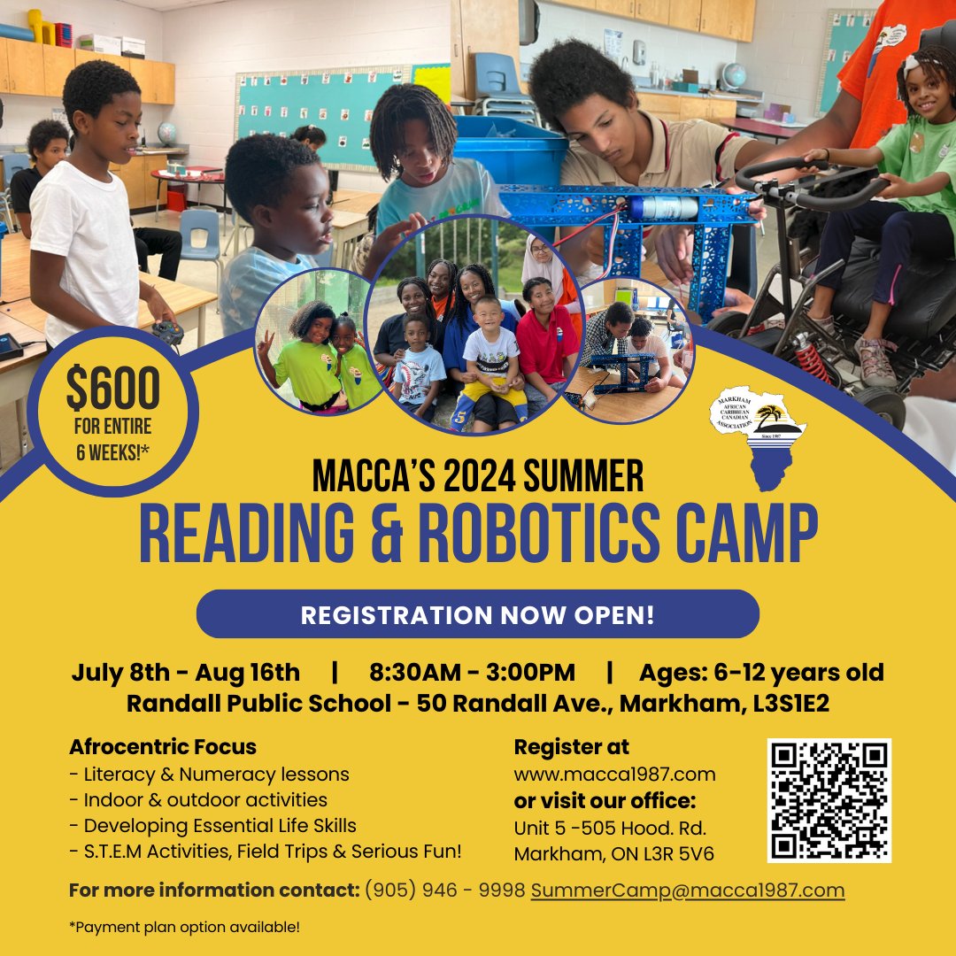 Markham African Caribbean Canadian Association (@maccamarkham) on Twitter photo Happening this Month!!
May 15(Wed) Parent & Youth Symposium
forms.gle/n9ehVMDmHBeVCM…
July 8- Aug 16 Summer Reading Robotics Camp Registration Link
forms.gle/2XeELsPWyu46Lg…
Jun 1 (Sat) Youth Carnival at Markham Sports Dome
<a href="/YCDSB/">York Catholic District School Board</a>
<a href="/YRDSB/">York Region DSB</a>
@middlefie Happening this Month!!
May 15(Wed) Parent & Youth Symposium
forms.gle/n9ehVMDmHBeVCM…
July 8- Aug 16 Summer Reading Robotics Camp Registration Link
forms.gle/2XeELsPWyu46Lg…
Jun 1 (Sat) Youth Carnival at Markham Sports Dome
<a href="/YCDSB/">York Catholic District School Board</a>
<a href="/YRDSB/">York Region DSB</a>
@middlefie