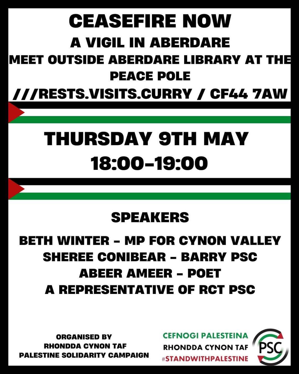 🚨 TOMORROW 🚨 🇵🇸 @PscRct have organised a vigil for Gaza in Aberdare. Join us tomorrow at 6pm to remember the 34,000 Palestinians who have so far lost their lives, and call for an immediate ceasefire and a lasting peace.