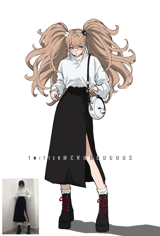 enoshima junko 1girl solo long hair blue eyes simple background shirt skirt  illustration images