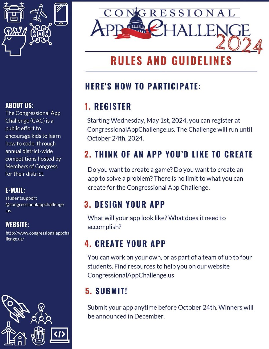 Calling all middle and high school students in Broward and Palm Beach Counties interested in coding! The 2024 Congressional App Challenge is now live! Learn more at CongressionalAppChallenge.us