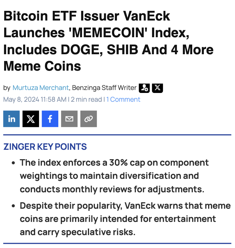 VanEck is a +100B AUM global investment manager. They launched their memecoin index fund today. This feels more like the beginning than the end...