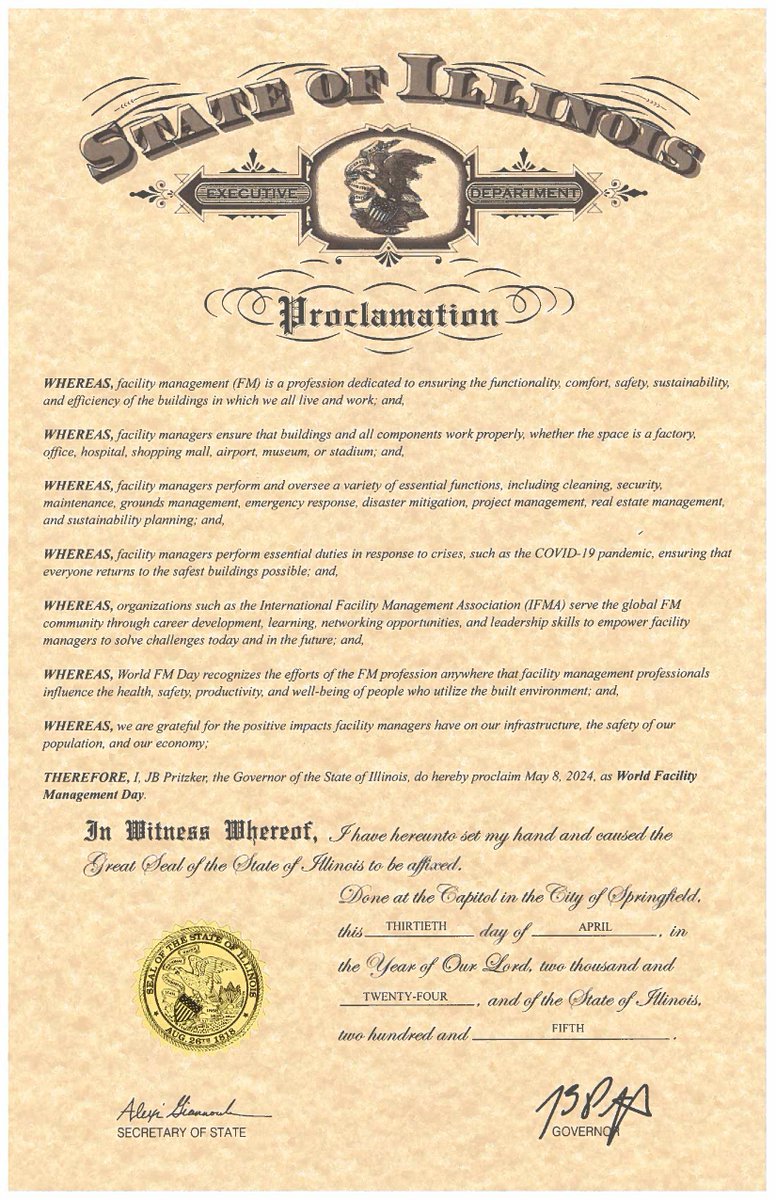 Happy World FM Day! May 8, 2024, has been officially declared as Facility Management Day in The City and Parish of East Baton Rouge, the State of Kansas, the City of Vancouver, Washington, and in the State of Illinois! 👏