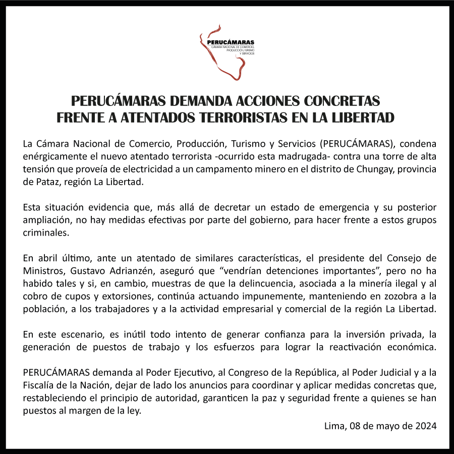 Peru_camaras's tweet image. Respecto al último atentado contra la empresa Minera "La Poderosa", demandamos acciones concretas por parte del Gobierno para hacerle frente a estos grupos criminales.
#Pataz #LaPoderosa #Perú #mineria