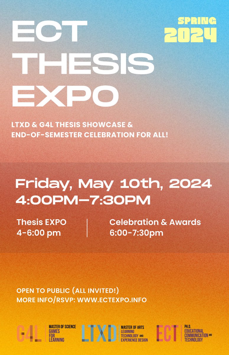 Just a few more days until our ECT End of Semester Celebration and Thesis EXPO on Friday May 10th! All welcome! The full event program is now available--- preview the schedule of presenters and a celebration not to be missed ! See you there!! RSVP here! ectexpo.info