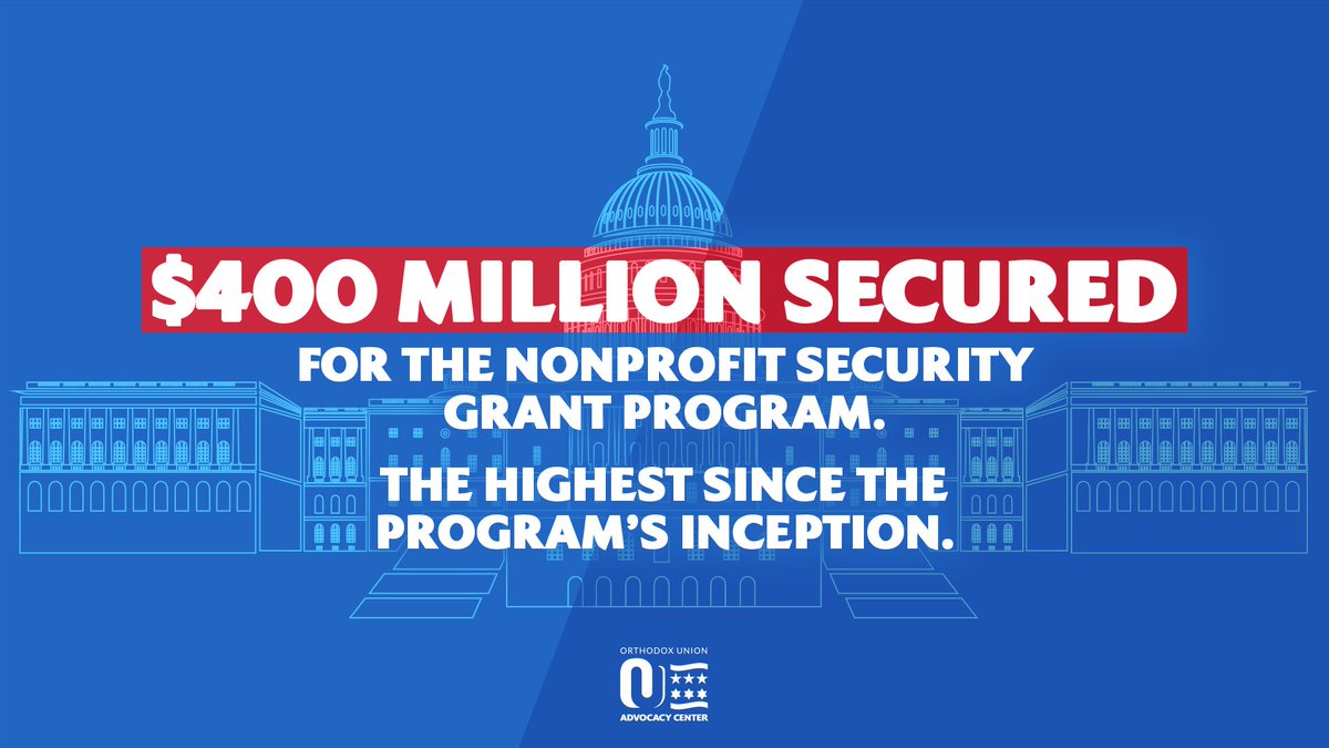Jewish Americans shouldn't have to practice our faith in fear. The historic $400 million in funding for the Nonprofit Security Grant Program will give our institutions the tools they need to shore up security and give our community the peace of mind we deserve. #AdvocacyWorks