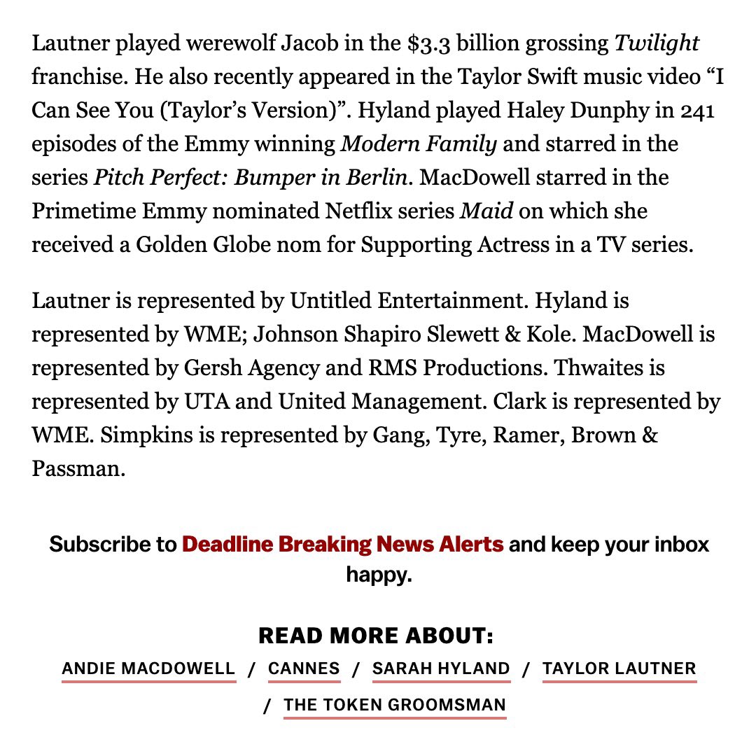 MikePageCasting's tweet photo. So excited to share our Casting announcement for our hilarious romcom The Token Groomsman! Welcome Taylor Lautner, Sarah Hyland, Brenton Thwaites and Andie MacDowell!! #TheTokenGroomsman #associateproducers #castingdirectors #dayandpagecasting #castingby https://t.co/58saCjRYUd