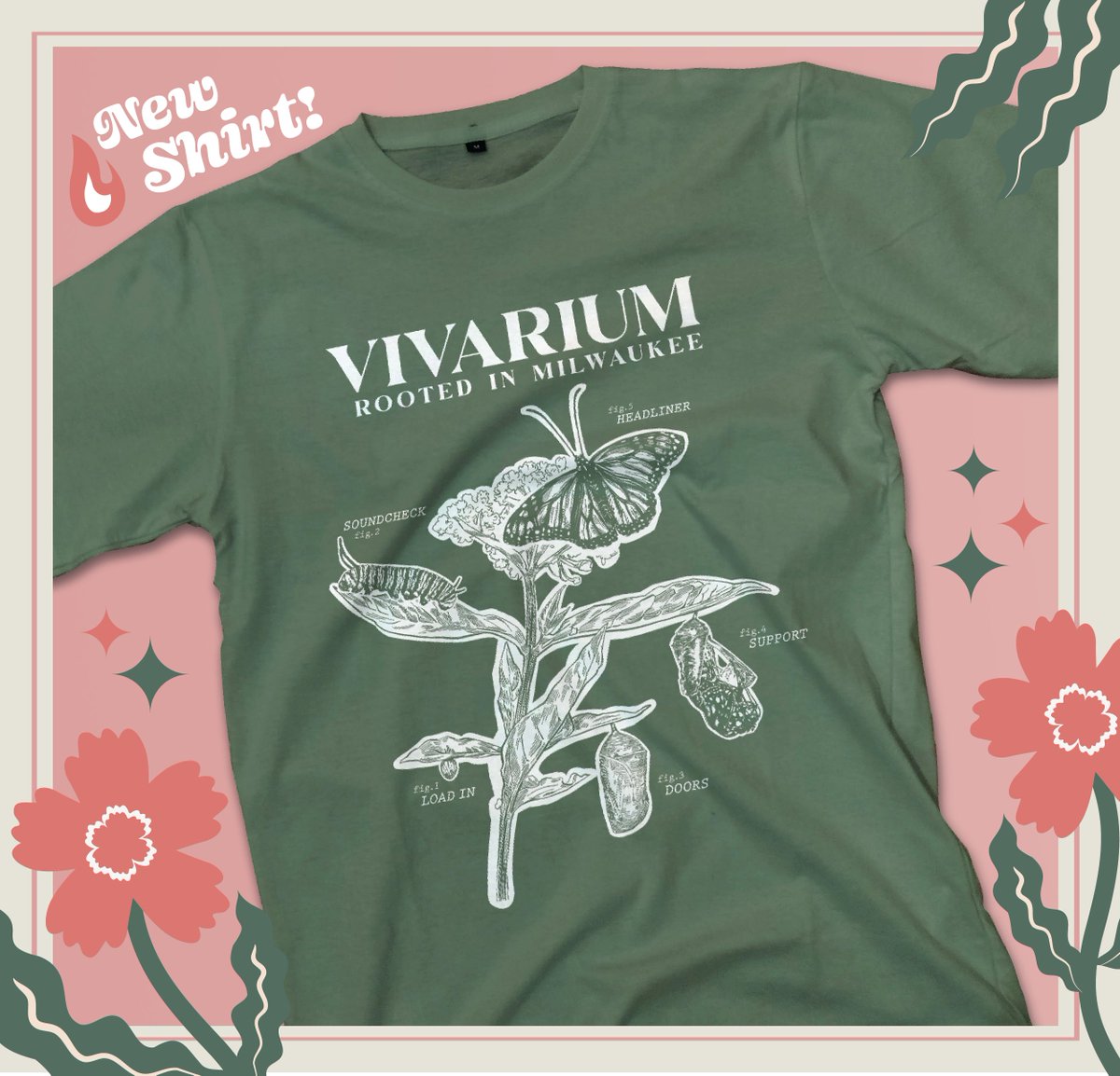 We're rockin' to nature's rhythm with our new shirts! butterfly lifecycle 🤝 show lifecycle at the Vivarium! Wanna show your support for our newest venue? Grab one for just $25 now! ➤ bit.ly/BUTTERFLYMKE24