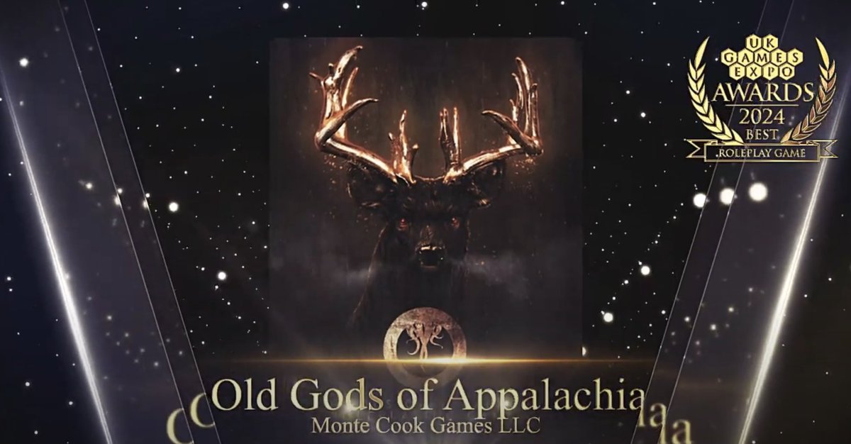 Y'all were super excited to announce the Old Gods of Appalachia Roleplaying Game won best RPG in the UK Games Expo Judges Choice Awards this year! Big shout out to <a href="/MonteCookGames/">Monte Cook Games</a> and <a href="/ShannaGermain/">Shanna Germain (The She/Her-Devil You Know)</a> for all their hard work on this dark little jewel.