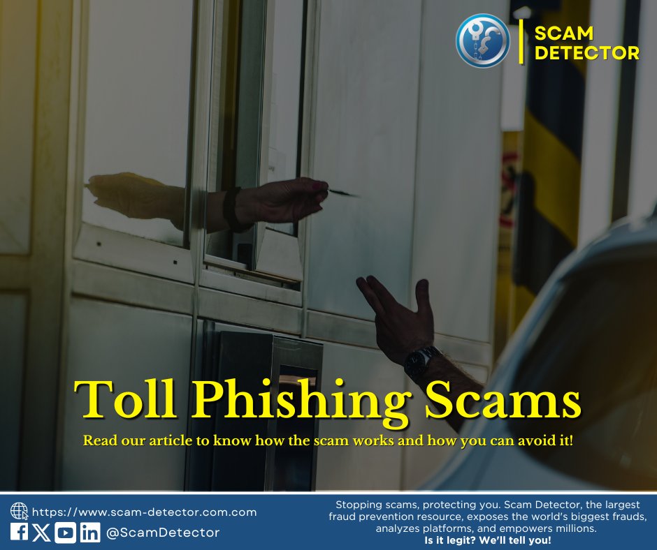 Toll scams are on the rise! In this new article, we dive into the latest variation of Toll Phishing Scams, targeting state after state. Read the below to learn how this  works and how you can protect yourself: scam-detector.com/beware-of-toll…

#TollScams #PhishingAwareness #DriveSafe