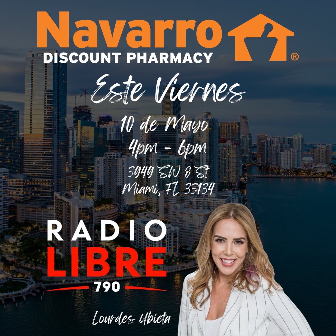 😊 unete a nosotros este viernes en @navarro_rx tendras la oportunidad de ganarte una tarjeta de regalo de $100 dolares cortesia de Navarro #RadioLibre790 . 📍3949 SW 8th street en Miami . 4:00 pm - 6:00 pm con @lourdesubieta