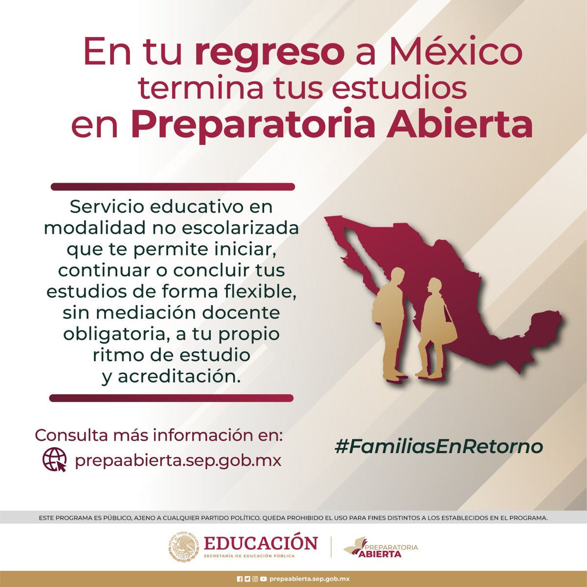 Tu regreso a México con más oportunidades de Educación. Inicia tu bachillerato 🎓🌟 con #PrepaAbierta de la @SEP_mx . Estudia a tu ritmo y obtén tu certificado. ¡No esperes más! #EducaciónSinFronteras #FamiliasEnRetorno #EducaciónIME Visita: prepaabierta.sep.gob.mx @SRE_mx