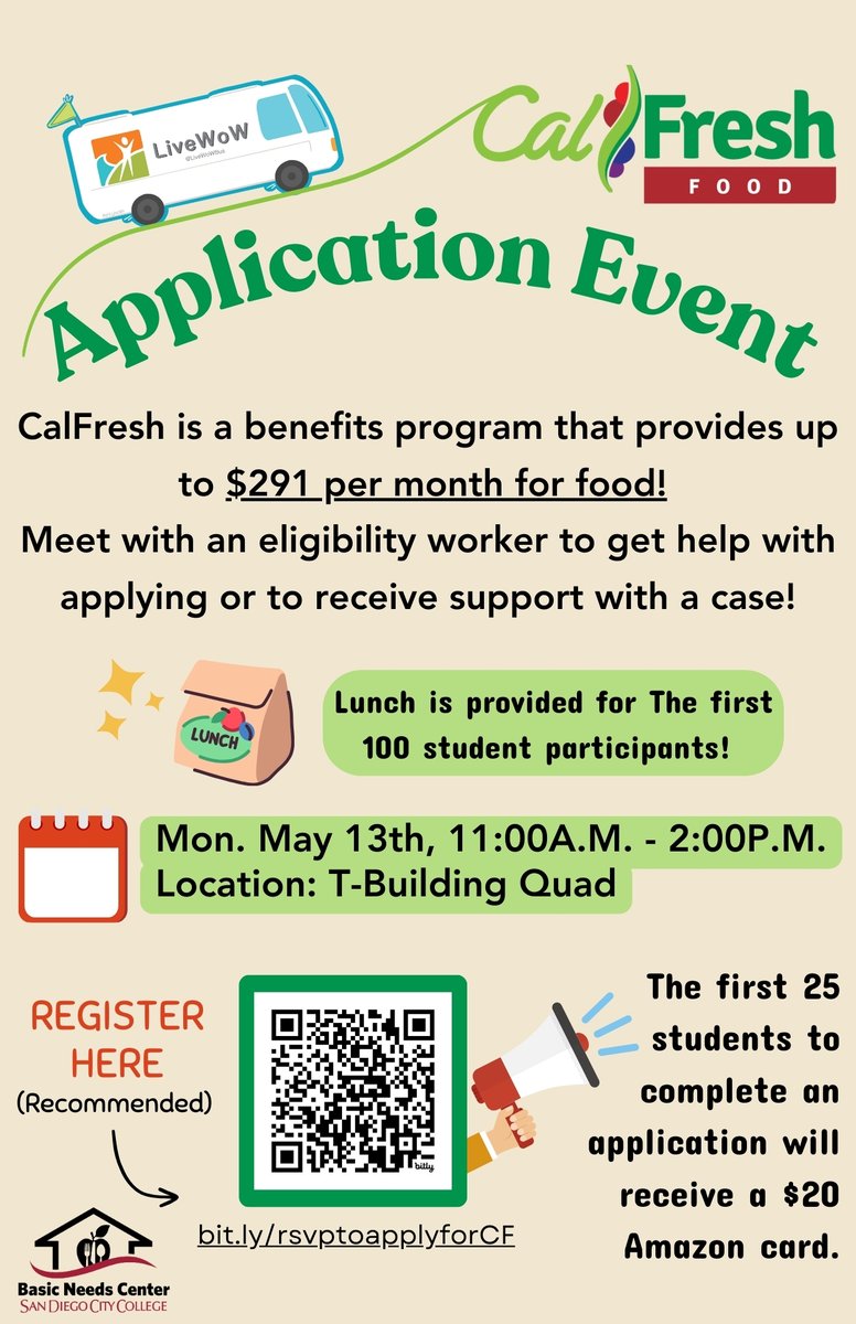 It is CalFresh awareness months and The @LiveWoWBus will be at San Diego City College assisting students with CalFresh applications and providing nutrition education resources. This is a great free event. We hope to see you there! @thesdccd