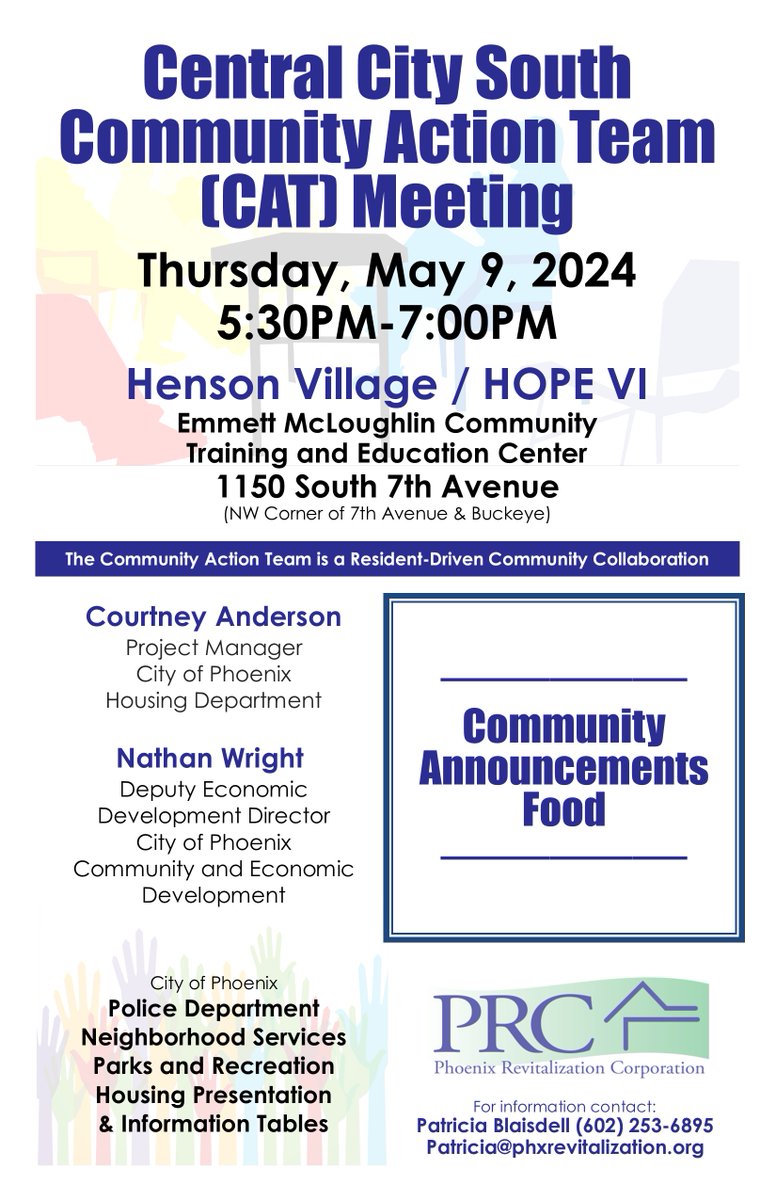 phxrevcorp's tweet photo. #centralcitysouth Community Action Team (CAT) Meeting on Thursday May 9, 2024 from 5:30PM-7:00PM at CTEC 1150 S. 7th Ave. This is a resident driven community collaboration. https://t.co/TlQs2vZi7Q